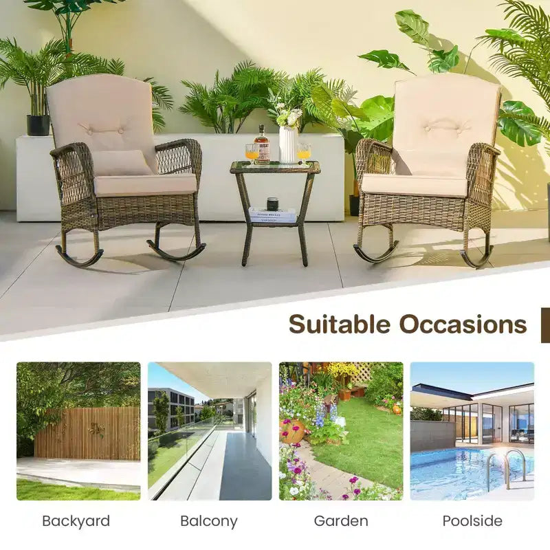 Outdoor Wicker Rocking Chairs Set of 2 , Rattan Patio Rocker Chairs with Cushions and Pillows, Garden Conversation Sofa for Porch, Decking