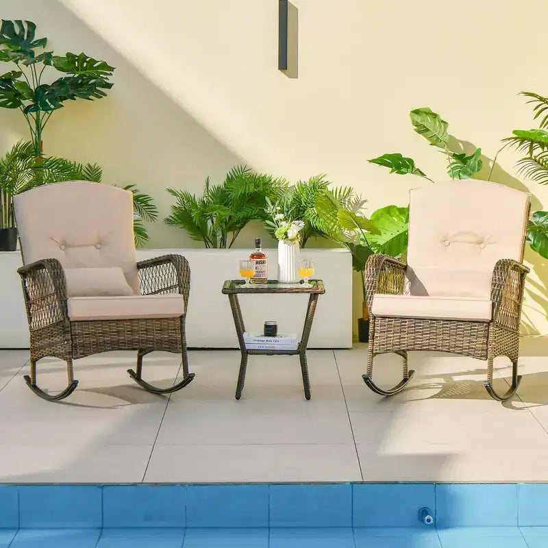 Outdoor Wicker Rocking Chairs Set of 2 , Rattan Patio Rocker Chairs with Cushions and Pillows, Garden Conversation Sofa for Porch, Decking