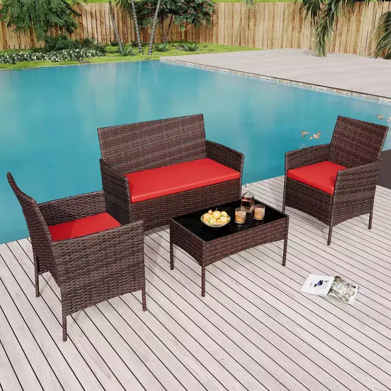 4-Piece Patio Wicker Furniture Set with Glass Coffee Table, Gray Rattan Conversation Set with Washable Cushions for Backyard, Porch & Garden