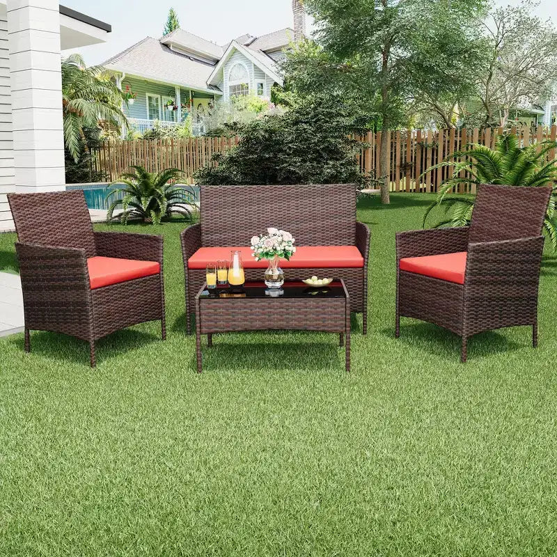 4-Piece Patio Wicker Furniture Set with Glass Coffee Table, Gray Rattan Conversation Set with Washable Cushions for Backyard, Porch & Garden