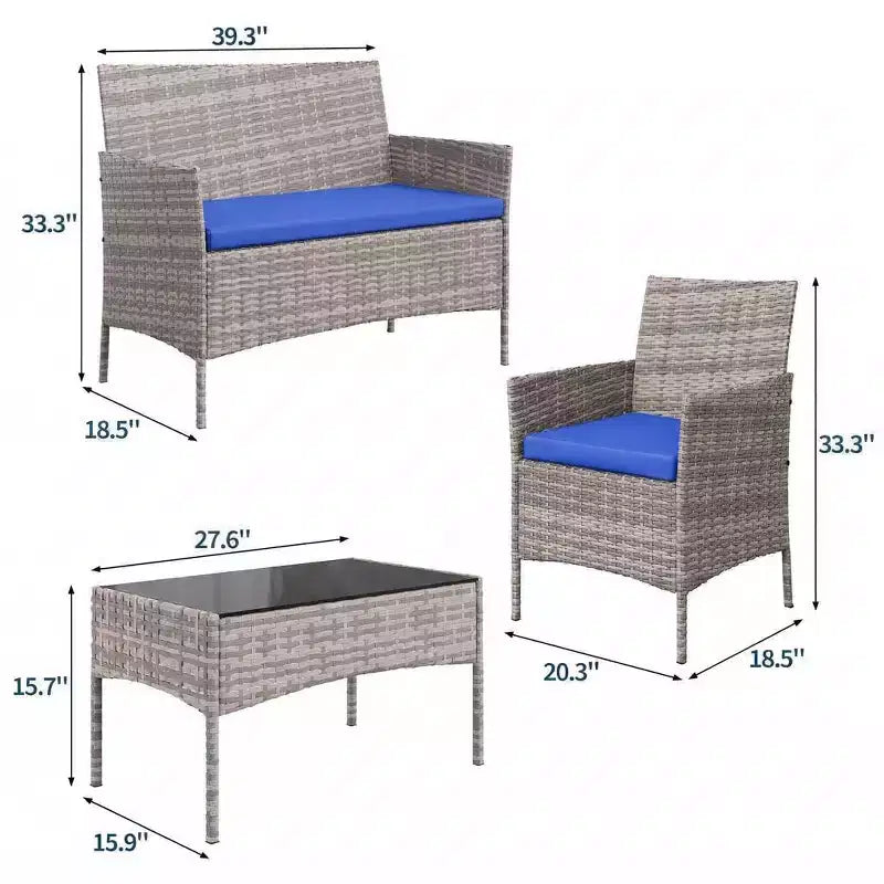 4-Piece Patio Wicker Furniture Set with Glass Coffee Table, Gray Rattan Conversation Set with Washable Cushions for Backyard, Porch & Garden