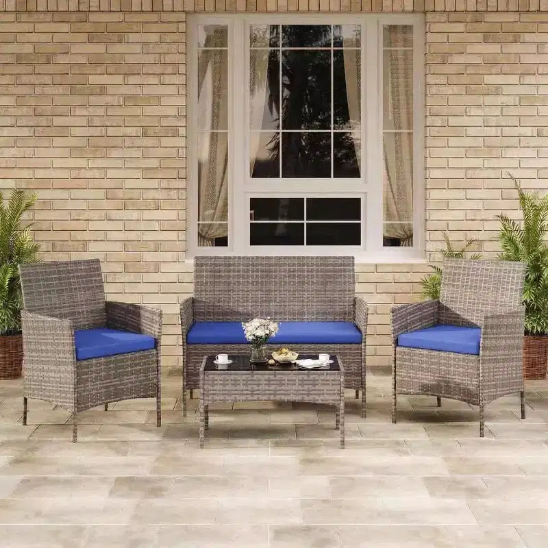 4-Piece Patio Wicker Furniture Set with Glass Coffee Table, Gray Rattan Conversation Set with Washable Cushions for Backyard, Porch & Garden