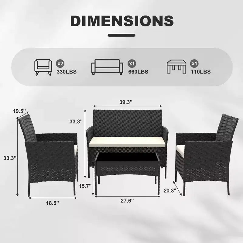 4-Piece Patio Wicker Furniture Set with Glass Coffee Table, Gray Rattan Conversation Set with Washable Cushions for Backyard, Porch & Garden