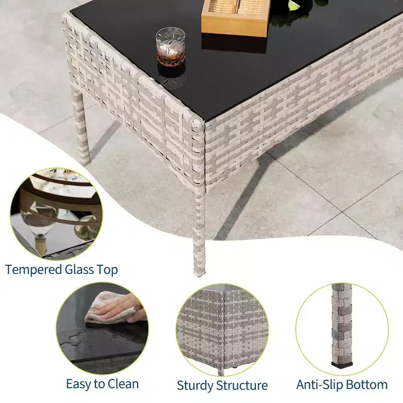4-Piece Patio Wicker Furniture Set with Glass Coffee Table, Gray Rattan Conversation Set with Washable Cushions for Backyard, Porch & Garden