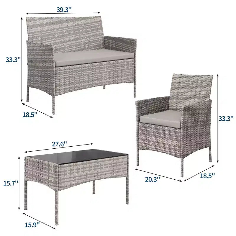 4-Piece Patio Wicker Furniture Set with Glass Coffee Table, Gray Rattan Conversation Set with Washable Cushions for Backyard, Porch & Garden