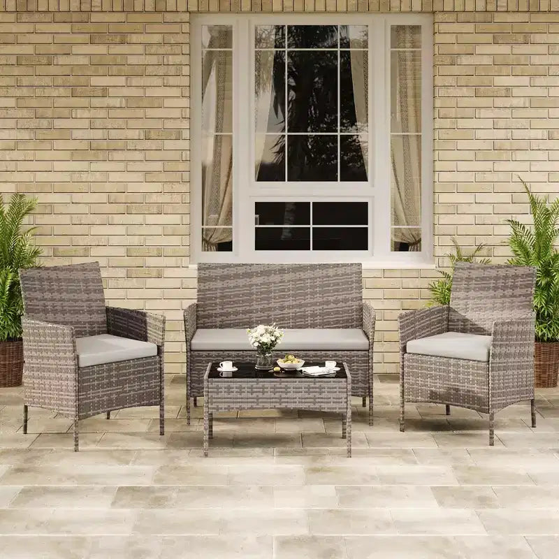 4-Piece Patio Wicker Furniture Set with Glass Coffee Table, Gray Rattan Conversation Set with Washable Cushions for Backyard, Porch & Garden