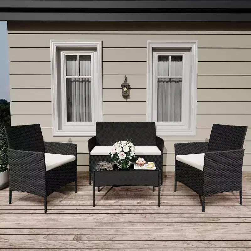 4-Piece Patio Wicker Furniture Set with Glass Coffee Table, Gray Rattan Conversation Set with Washable Cushions for Backyard, Porch & Garden