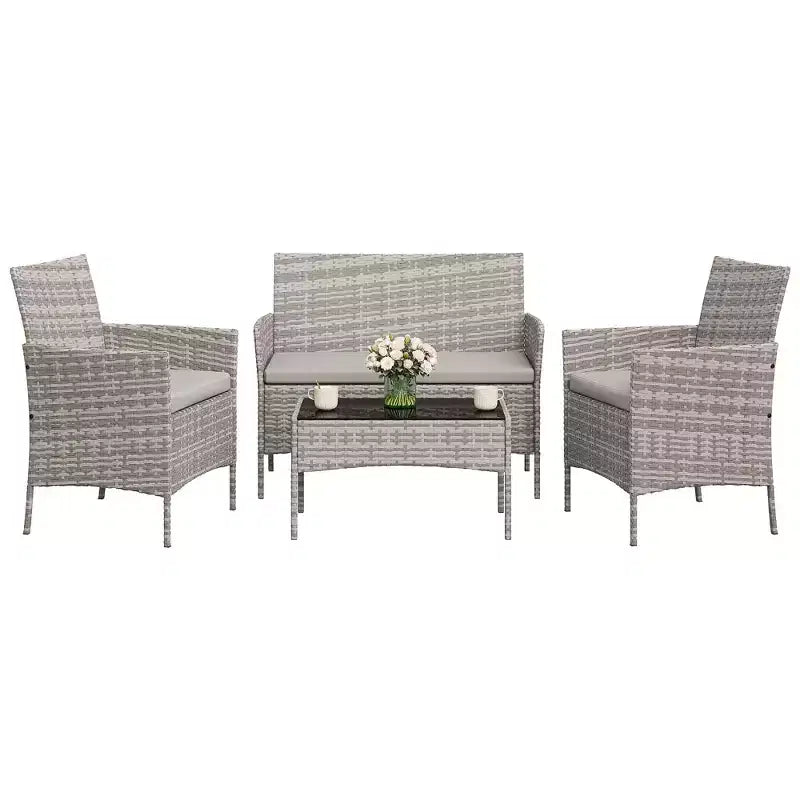 4-Piece Patio Wicker Furniture Set with Glass Coffee Table, Gray Rattan Conversation Set with Washable Cushions for Backyard, Porch & Garden