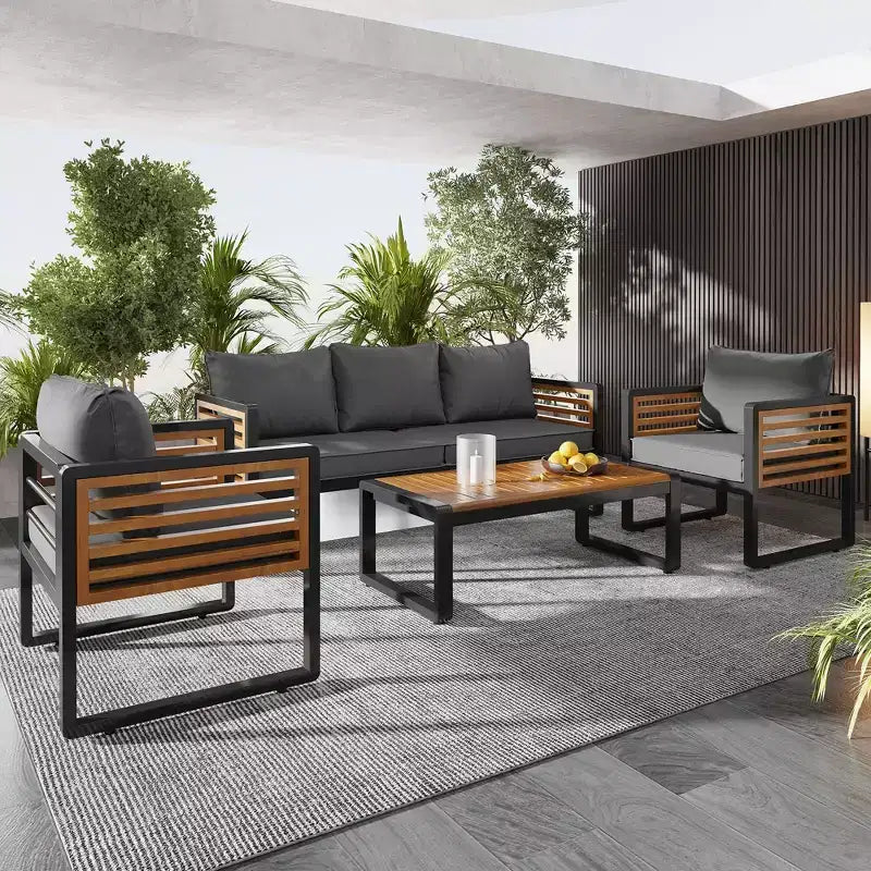 GDFStudio Vera Patio Modern Metal and Acacia Wood 4-Piece Conversation Sofa Set with Coffee Table and Cushions