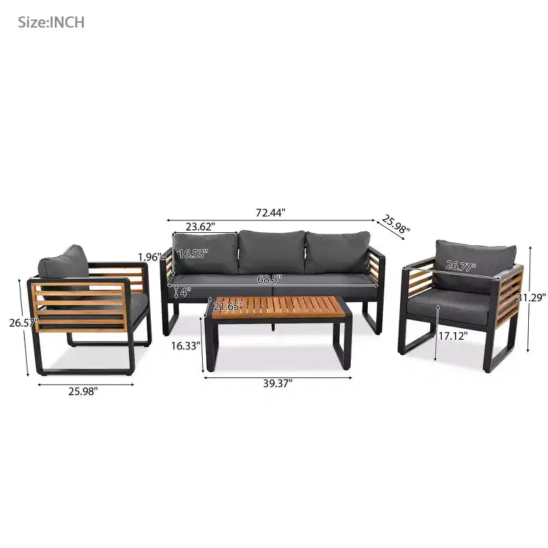 GDFStudio Vera Patio Modern Metal and Acacia Wood 4-Piece Conversation Sofa Set with Coffee Table and Cushions