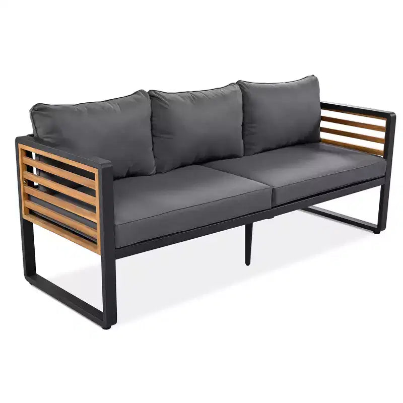 GDFStudio Vera Patio Modern Metal and Acacia Wood 4-Piece Conversation Sofa Set with Coffee Table and Cushions