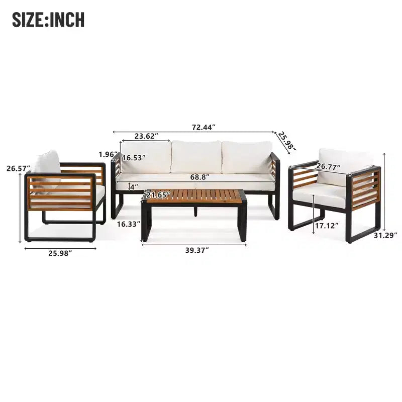 GDFStudio Vera Patio Modern Metal and Acacia Wood 4-Piece Conversation Sofa Set with Coffee Table and Cushions