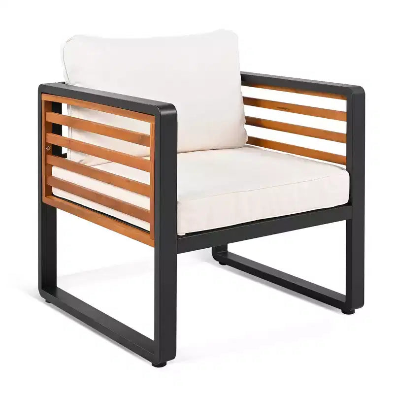 GDFStudio Vera Patio Modern Metal and Acacia Wood 4-Piece Conversation Sofa Set with Coffee Table and Cushions