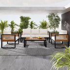 GDFStudio Vera Patio Modern Metal and Acacia Wood 4-Piece Conversation Sofa Set with Coffee Table and Cushions