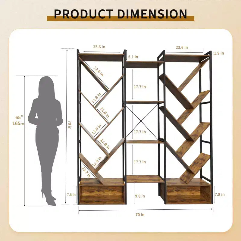 6-Tier Triple Column Industrial Tree Bookshelf, 24-Shelf Modern Wood Bookcase and Display Rack for Living Room and Home Office