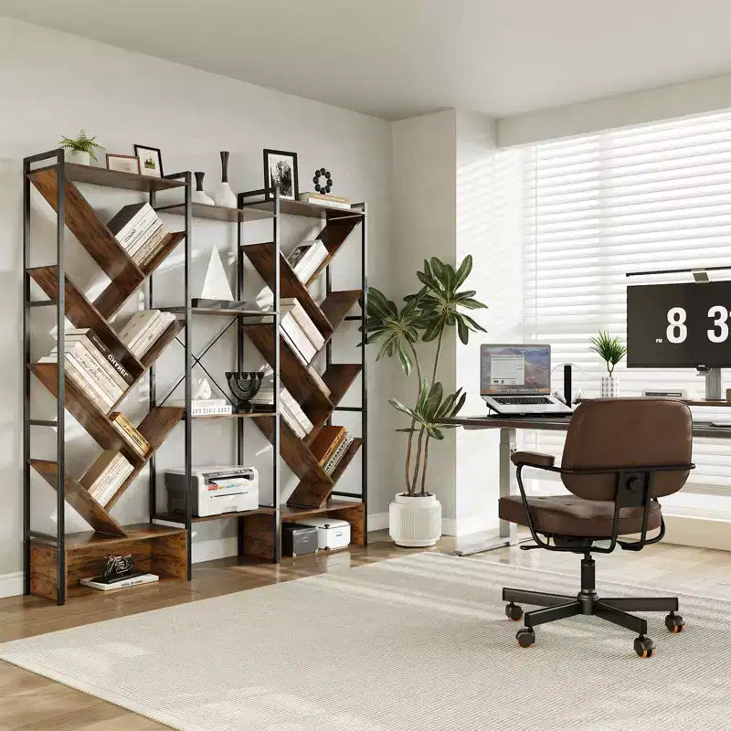 6-Tier Triple Column Industrial Tree Bookshelf, 24-Shelf Modern Wood Bookcase and Display Rack for Living Room and Home Office