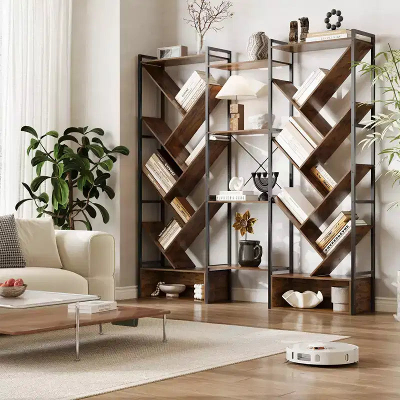 6-Tier Triple Column Industrial Tree Bookshelf, 24-Shelf Modern Wood Bookcase and Display Rack for Living Room and Home Office