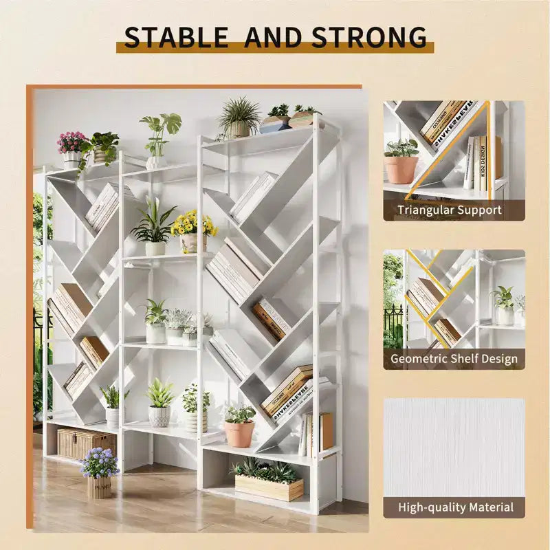 6-Tier Triple Column Industrial Tree Bookshelf, 24-Shelf Modern Wood Bookcase and Display Rack for Living Room and Home Office