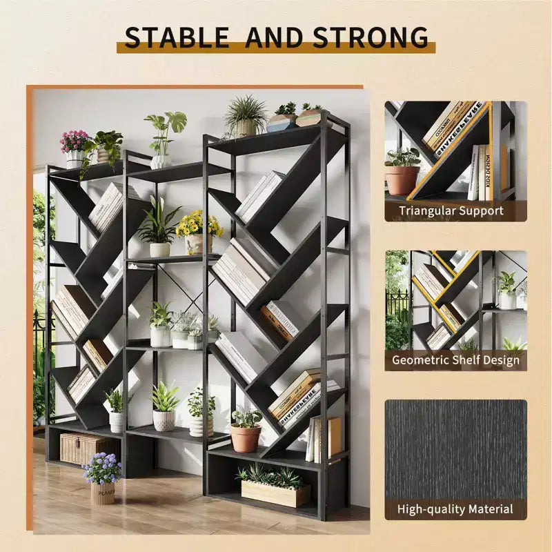 6-Tier Triple Column Industrial Tree Bookshelf, 24-Shelf Modern Wood Bookcase and Display Rack for Living Room and Home Office