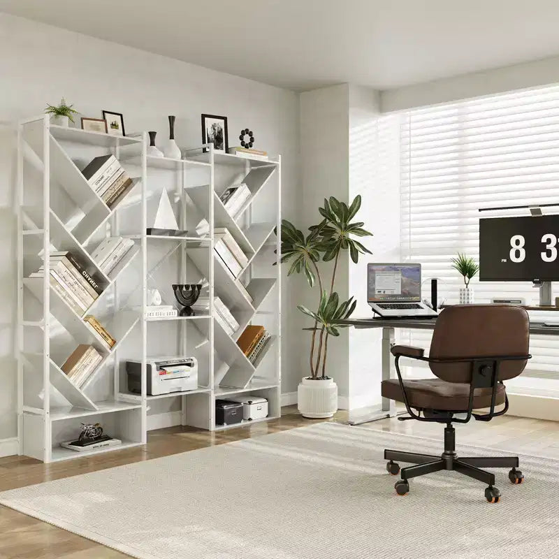 6-Tier Triple Column Industrial Tree Bookshelf, 24-Shelf Modern Wood Bookcase and Display Rack for Living Room and Home Office