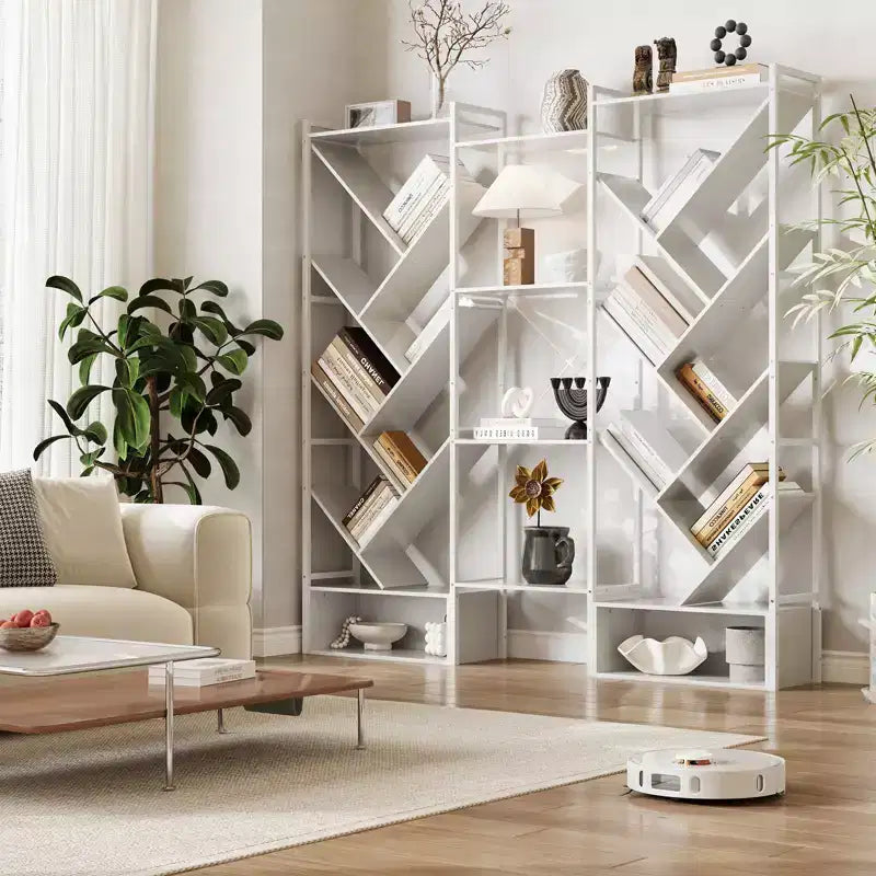 6-Tier Triple Column Industrial Tree Bookshelf, 24-Shelf Modern Wood Bookcase and Display Rack for Living Room and Home Office