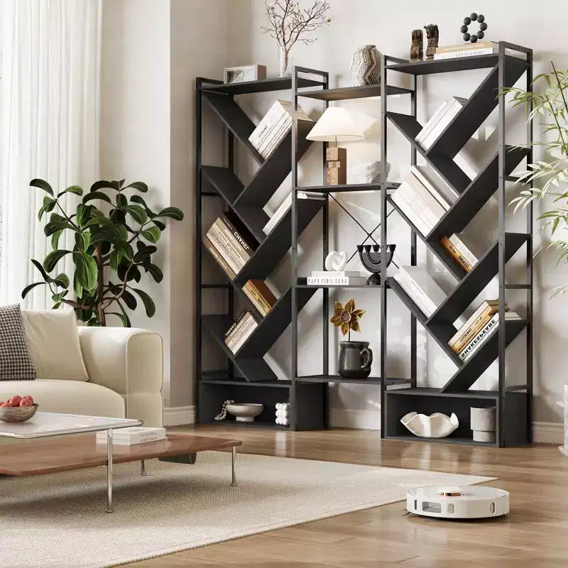 6-Tier Triple Column Industrial Tree Bookshelf, 24-Shelf Modern Wood Bookcase and Display Rack for Living Room and Home Office
