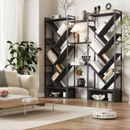 6-Tier Triple Column Industrial Tree Bookshelf, 24-Shelf Modern Wood Bookcase and Display Rack for Living Room and Home Office