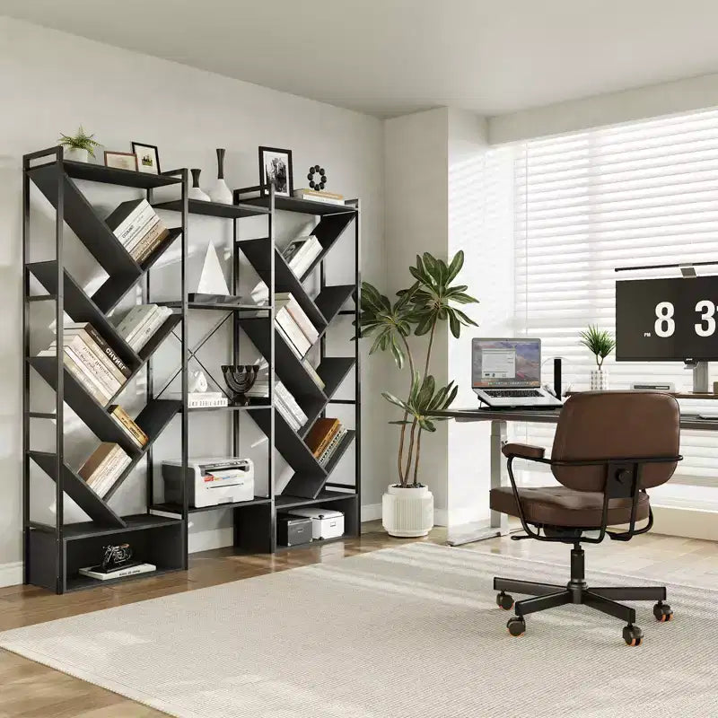 6-Tier Triple Column Industrial Tree Bookshelf, 24-Shelf Modern Wood Bookcase and Display Rack for Living Room and Home Office