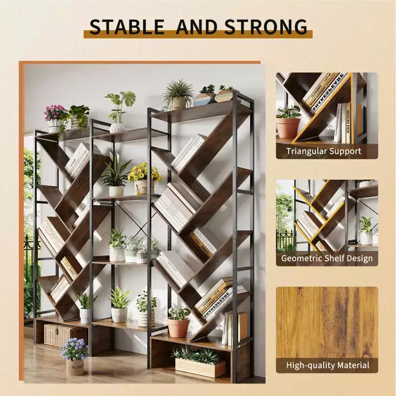 6-Tier Triple Column Industrial Tree Bookshelf, 24-Shelf Modern Wood Bookcase and Display Rack for Living Room and Home Office