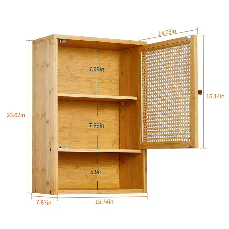 Meuble de salle de bain mural en bambou avec portes en rotin, armoire à pharmacie avec étagère réglable et organisateur peu encombrant, bois naturel/noir/blanc