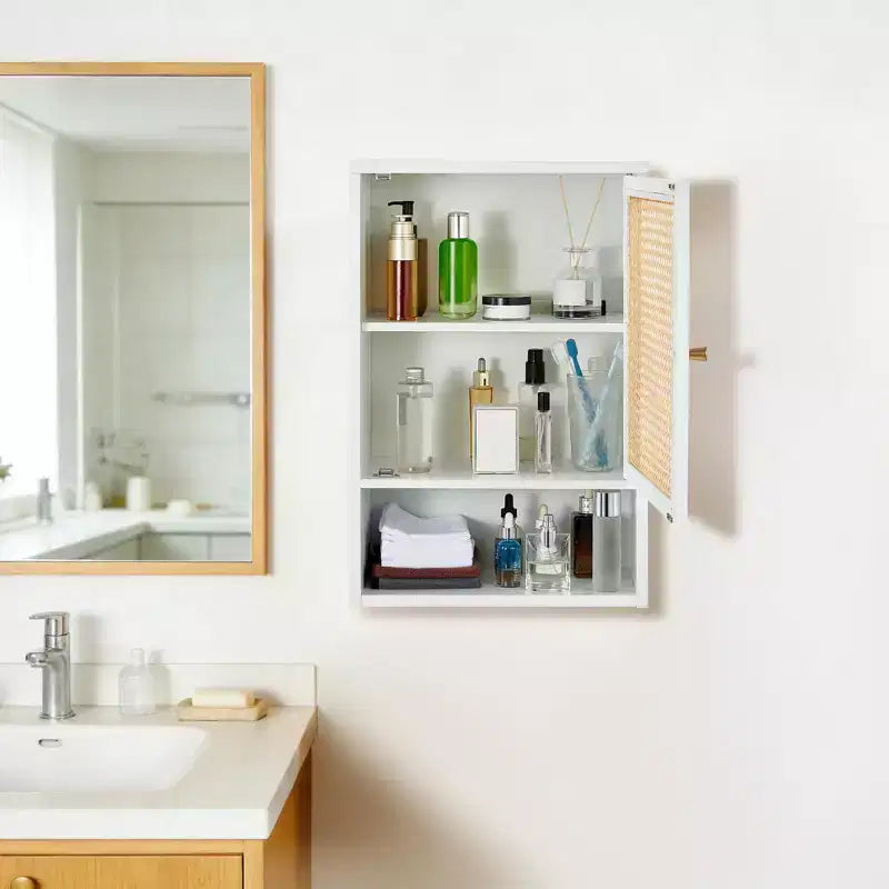 Meuble de salle de bain mural en bambou avec portes en rotin, armoire à pharmacie avec étagère réglable et organisateur peu encombrant, bois naturel/noir/blanc