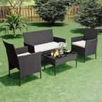 4 Piece Outdoor Patio Furniture Sets,Wicker Rattan Conversation Sets, Bistro Patio Set with 2 Chairs,Soft Cushion,Loveseat and 1 Glass Coffee Table