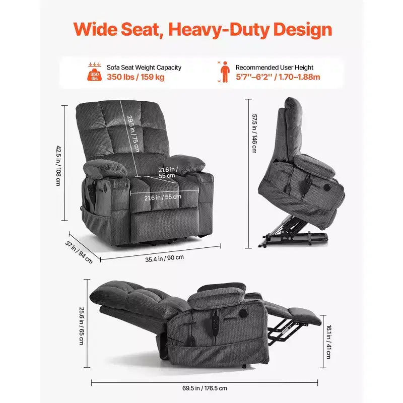 Fauteuil inclinable électrique VEVOR, double moteur, grand fauteuil releveur électrique avec chauffage et massage pour personnes âgées, réglage de position infinie, gris foncé