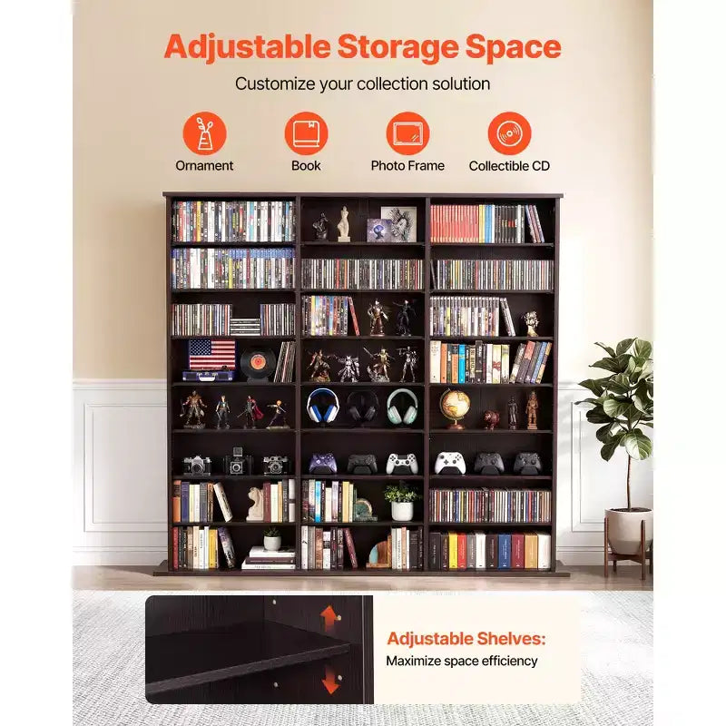 VEVOR Media Storage Cabinet, 8-Tier DVD Shelf Organizer, 55.91 x 8.66 x 51.18 in Multimedia Storage Organizer for CDs, DVDs, Books & Games, Brown