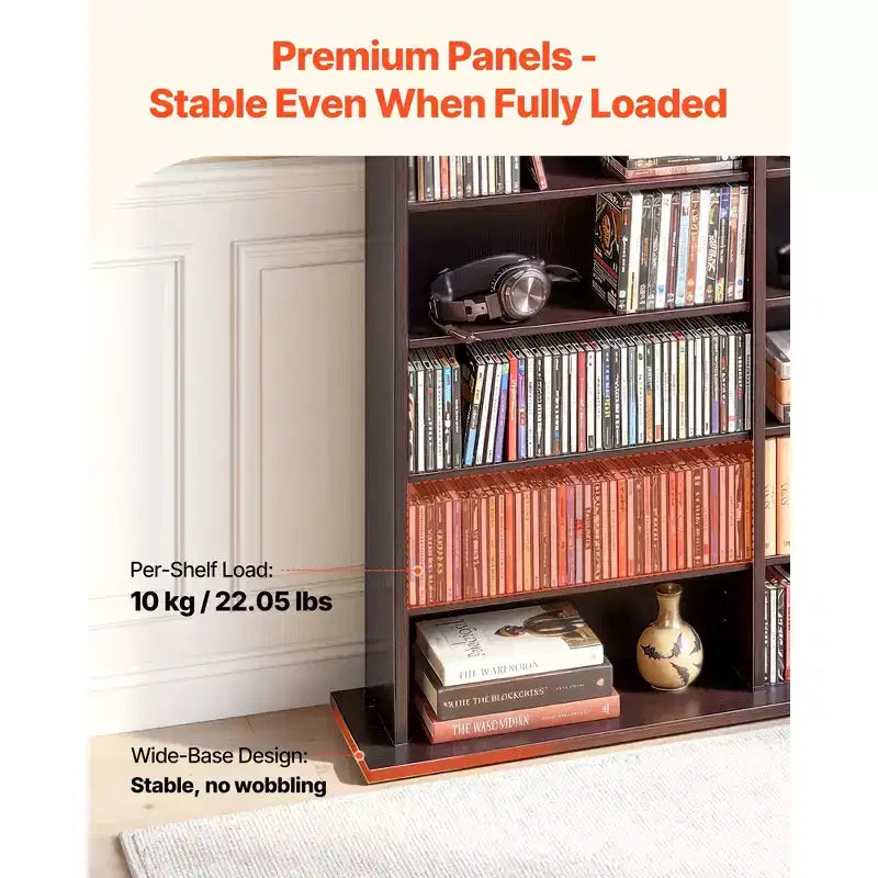 VEVOR Media Storage Cabinet, 8-Tier DVD Shelf Organizer, 55.91 x 8.66 x 51.18 in Multimedia Storage Organizer for CDs, DVDs, Books & Games, Brown