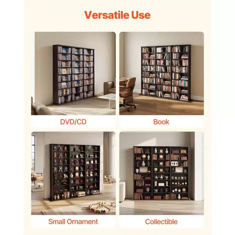 VEVOR Media Storage Cabinet, 8-Tier DVD Shelf Organizer, 55.91 x 8.66 x 51.18 in Multimedia Storage Organizer for CDs, DVDs, Books & Games, Brown