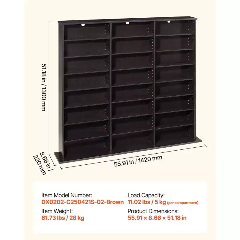VEVOR Media Storage Cabinet, 8-Tier DVD Shelf Organizer, 55.91 x 8.66 x 51.18 in Multimedia Storage Organizer for CDs, DVDs, Books & Games, Brown