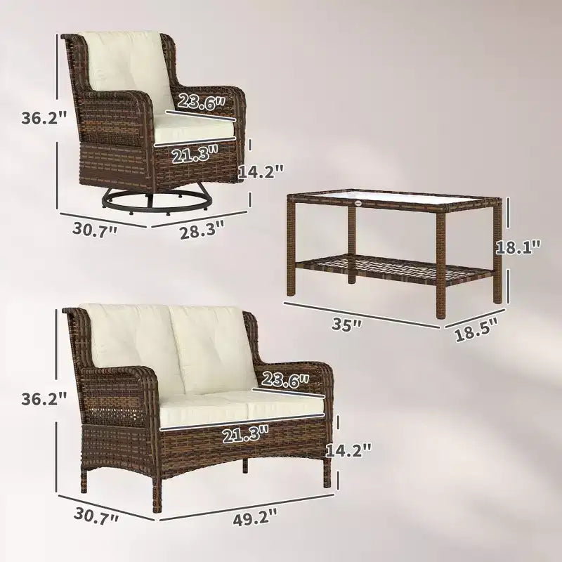 4 Piece Rattan Patio Furniture Set, Conversation Set with Swivel Glider Chairs Table Loveseat for Garden, Patio