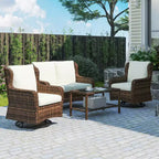 4 Piece Rattan Patio Furniture Set, Conversation Set with Swivel Glider Chairs Table Loveseat for Garden, Patio