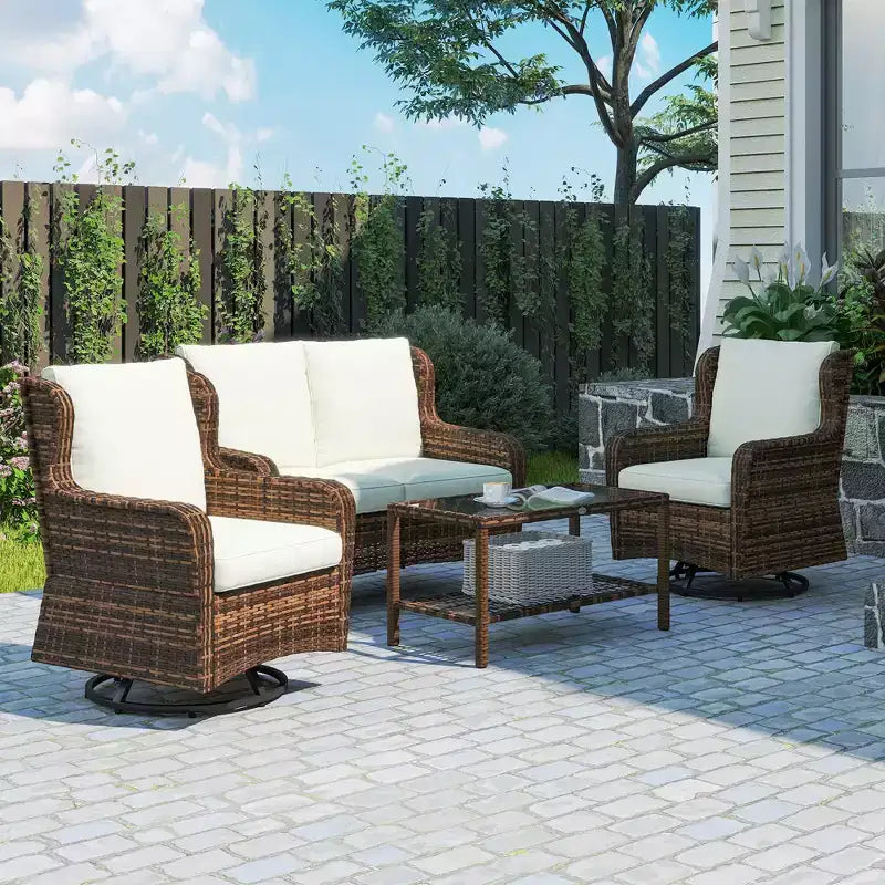 4 Piece Rattan Patio Furniture Set, Conversation Set with Swivel Glider Chairs Table Loveseat for Garden, Patio