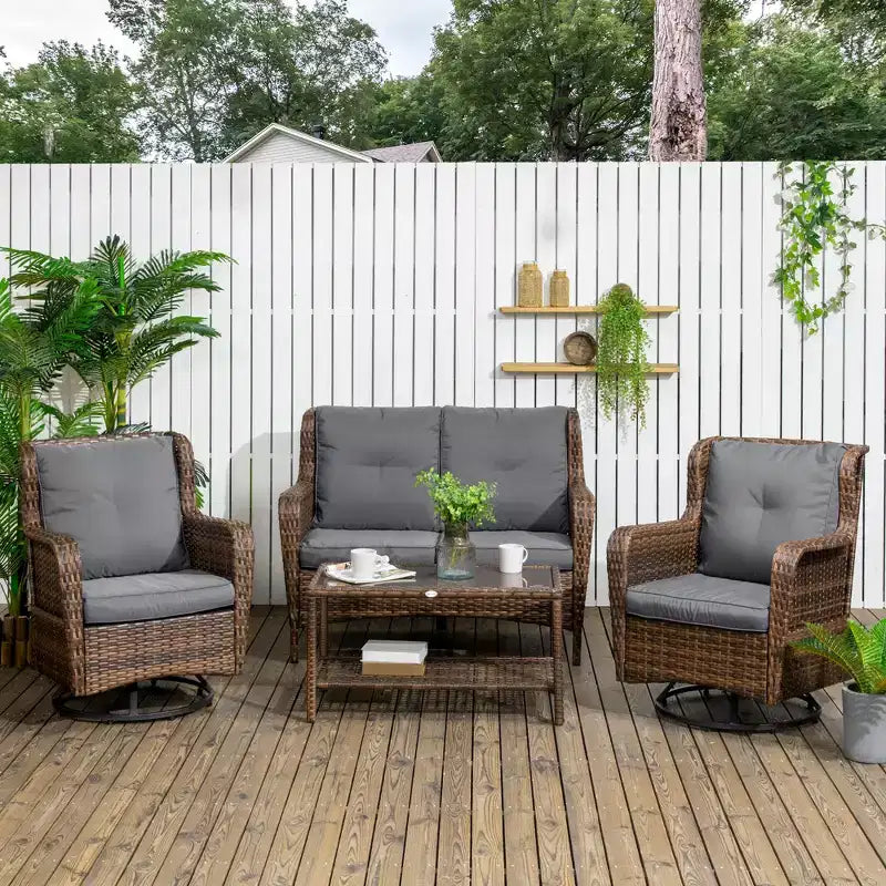 4 Piece Rattan Patio Furniture Set, Conversation Set with Swivel Glider Chairs Table Loveseat for Garden, Patio