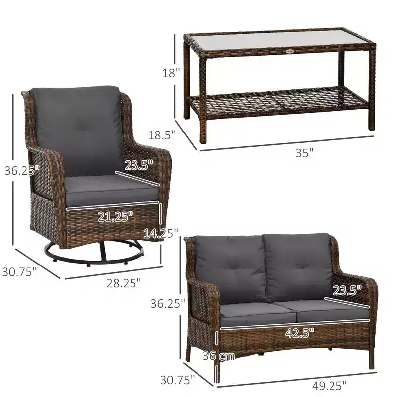 4 Piece Rattan Patio Furniture Set, Conversation Set with Swivel Glider Chairs Table Loveseat for Garden, Patio
