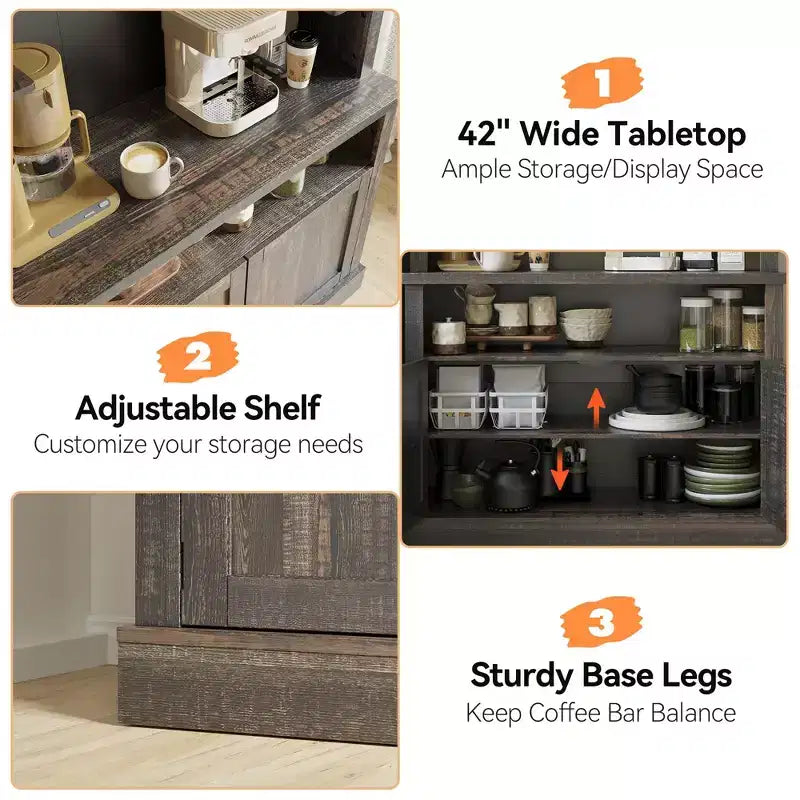 Farmhouse Coffee Bar Cabinet, Large Kitchen Pantry, Adjustable Shelves, for Dining Room, Living Room