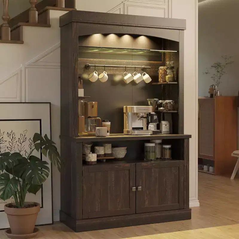 Farmhouse Coffee Bar Cabinet, Large Kitchen Pantry, Adjustable Shelves, for Dining Room, Living Room