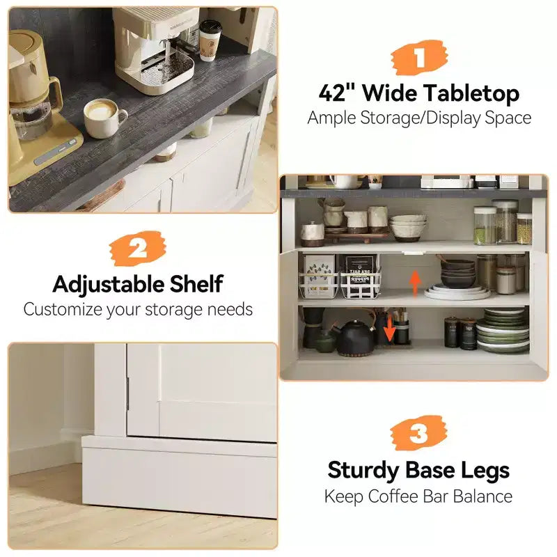 Farmhouse Coffee Bar Cabinet, Large Kitchen Pantry, Adjustable Shelves, for Dining Room, Living Room