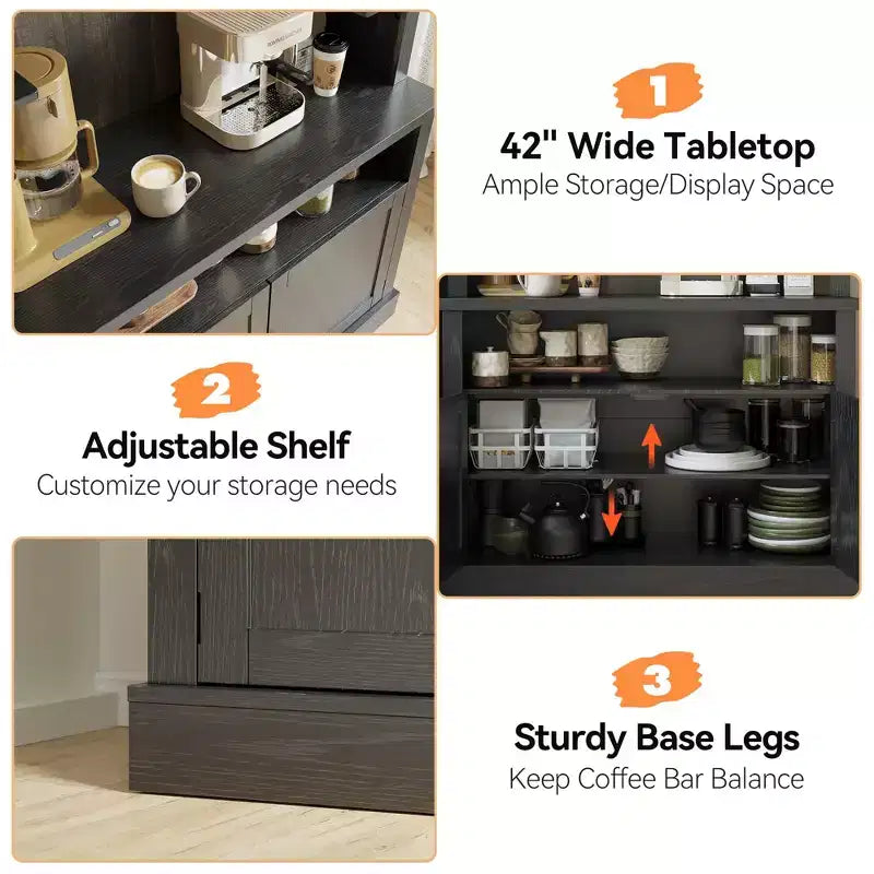 Farmhouse Coffee Bar Cabinet, Large Kitchen Pantry, Adjustable Shelves, for Dining Room, Living Room