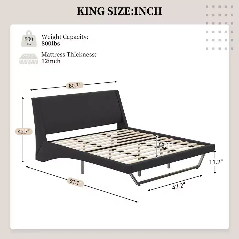 Cadre de lit plateforme moderne King Size Whisen, lit rembourré en cuir PU avec design incurvé, pieds trapézoïdaux suspendus