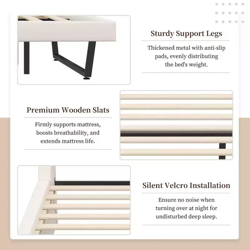 Cadre de lit plateforme moderne King Size Whisen, lit rembourré en cuir PU avec design incurvé, pieds trapézoïdaux suspendus