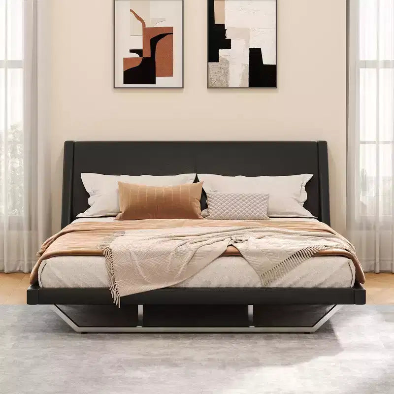 Cadre de lit plateforme moderne King Size Whisen, lit rembourré en cuir PU avec design incurvé, pieds trapézoïdaux suspendus