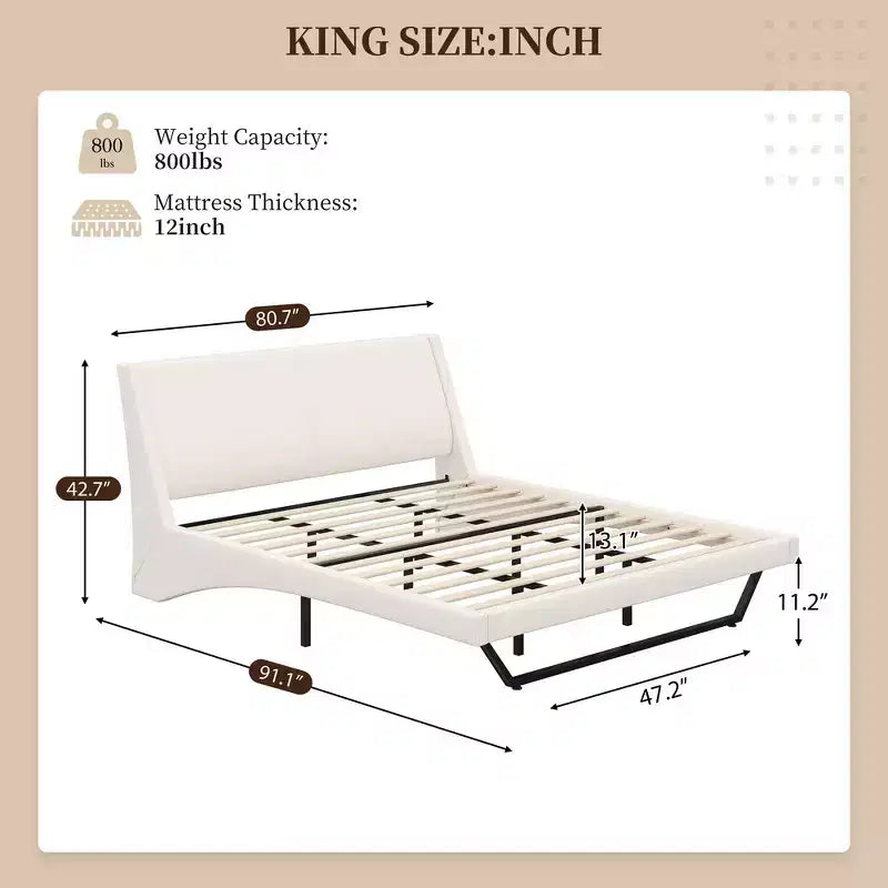 Cadre de lit plateforme moderne King Size Whisen, lit rembourré en cuir PU avec design incurvé, pieds trapézoïdaux suspendus